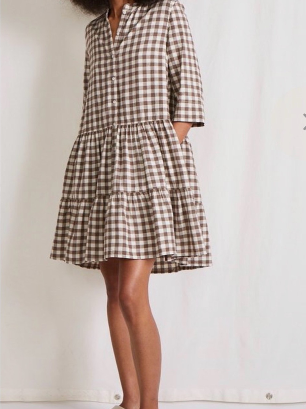 Apiece Apart Brown and White Gingham Tiered Mini Dress
